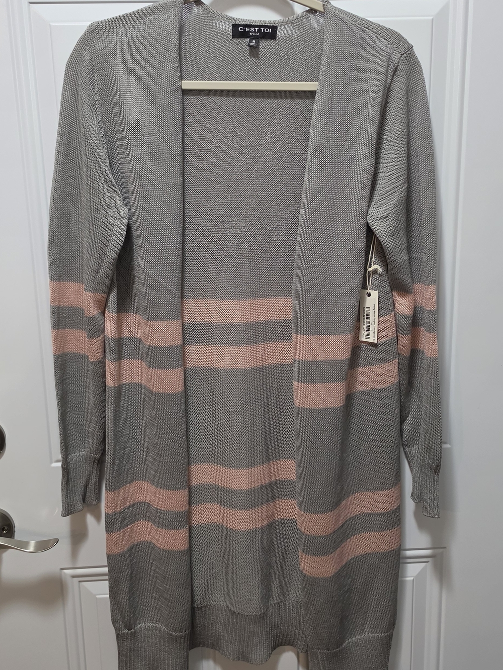 C'est Toi Gray & Pink Striped Open-Front Cardigan